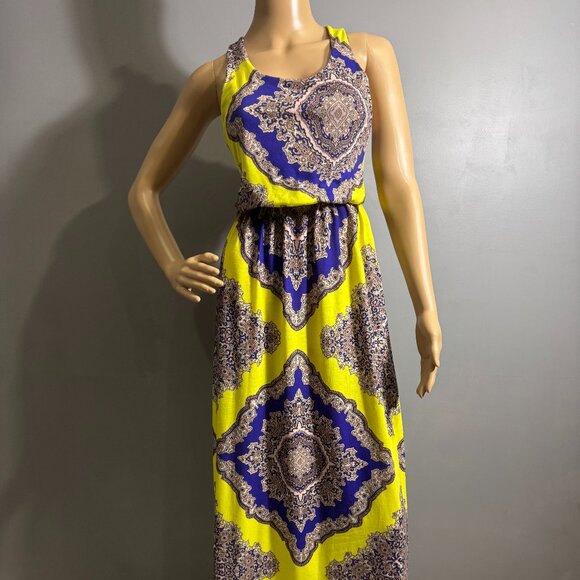 boohoo Baroque Maxi Dress 💛 yellow & royal blue racerback summer dress - Picture 2 of 8